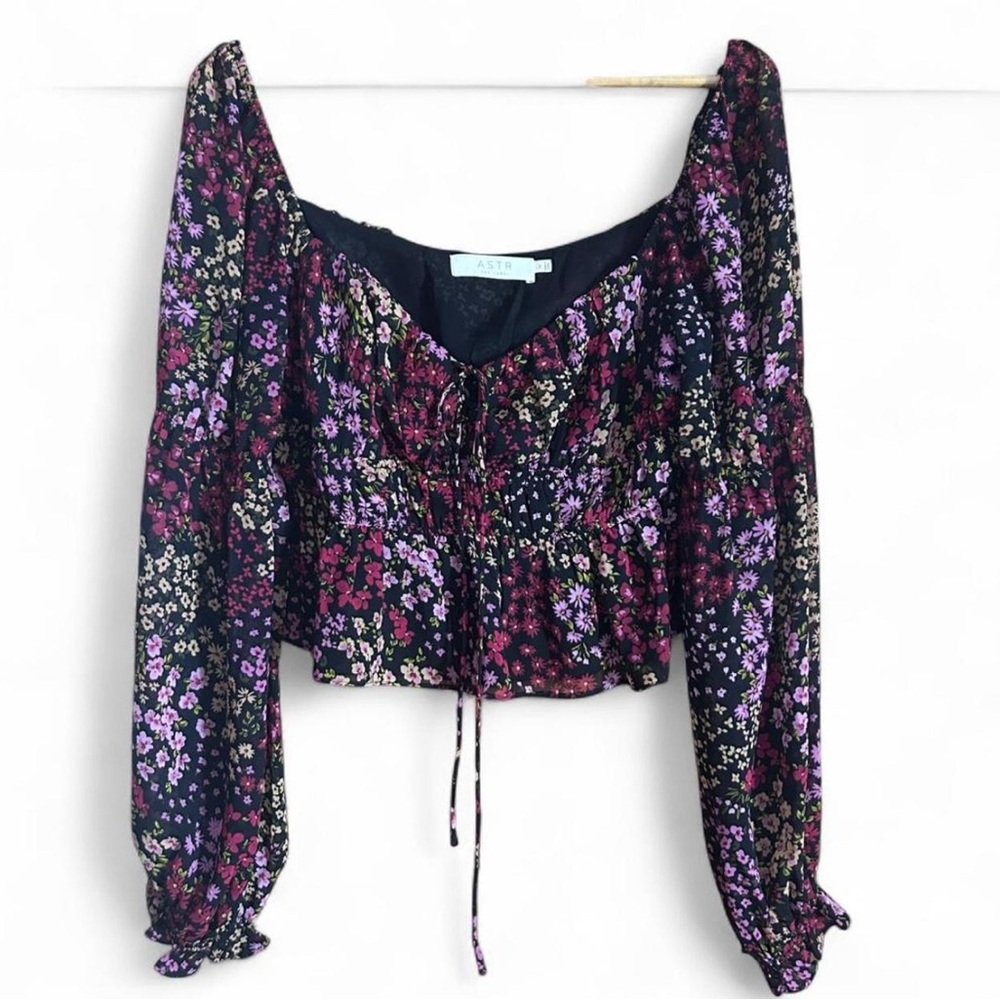 Astr Floral Peasant Blouse in Black, Purple & Pink